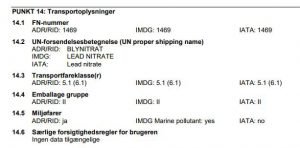 Oversigtstabel med transportoplysninger for bly(II)nitrat (UN 1469) klassificeret som farligt gods iht. ADR, IMDG og IATA til rådgiverbrug.