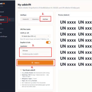 UN-labels-blanke-app En dansk hjemmeside viser, hvordan man udskriver UN-etiketter, med de valgte indstillinger og et eksempel på »UN XXXX«-etiketter til højre.