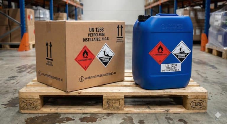 En papkasse og en blå plastbeholder mærket farligt gods står på en træpalle på et lager.