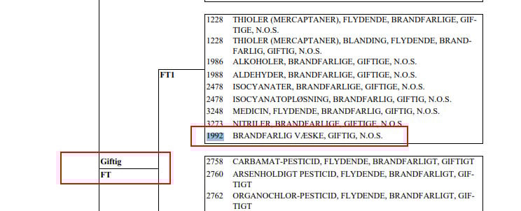En kemikalietabel; række 1992, BRANDFARLIG VÆSKE, GIFTIG, N.O.S., er fremhævet i henhold til ADR-regler og ADR-tabel 2.1.3.10.
