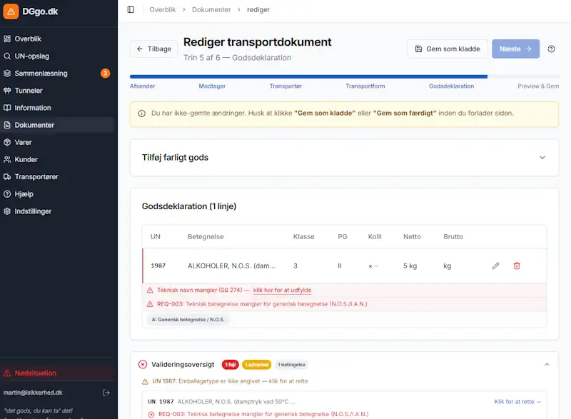 Et DGGO-transportdokumentredigeringsskærmbillede på dansk, der viser detaljer om farligt gods og validering på en gratis ADR-app-grænseflade.