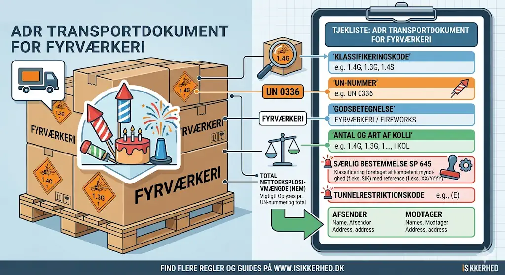 Illustration af fyrværkeritransport med mærkede kasser, tjekliste og diagram over krav til ADR-transportdokument.