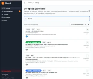 UI: UN-opsøg page on DGgo.dk showing search results for 'lithium' with four UN listings in the main panel.
