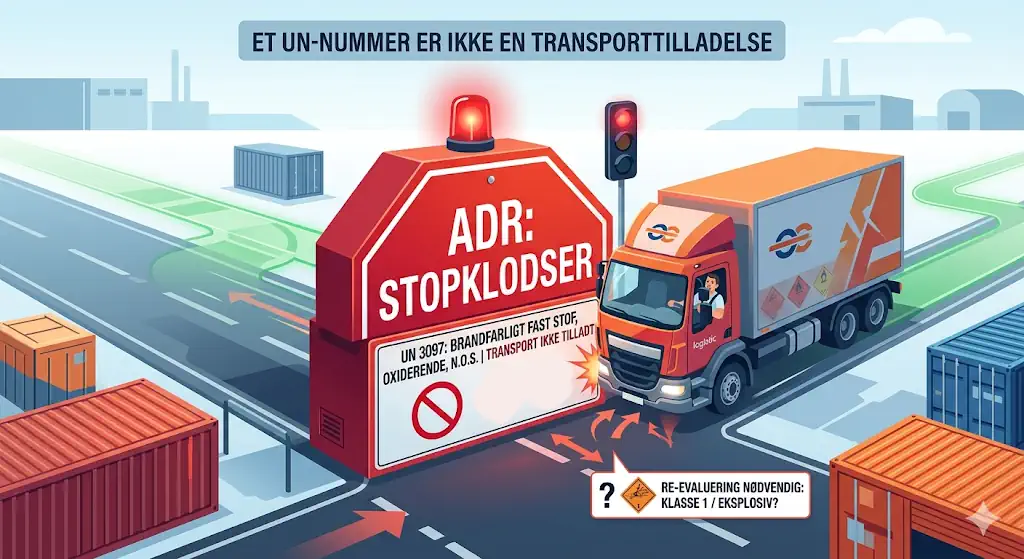 En lastbil holder for rødt lys ved containere, nær et skilt med teksten Stopklodser i ADR på et travlt transportanlæg.