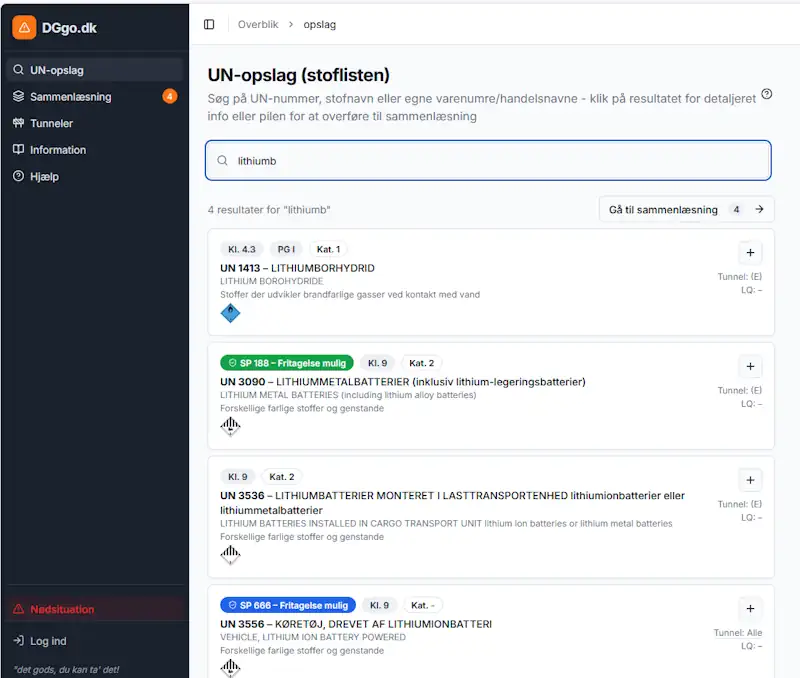 Skærmbillede af DGGo ADR-appen, der viser søgeresultater for "lithium" og gratis ADR-klassifikationer for farlige materialer.
