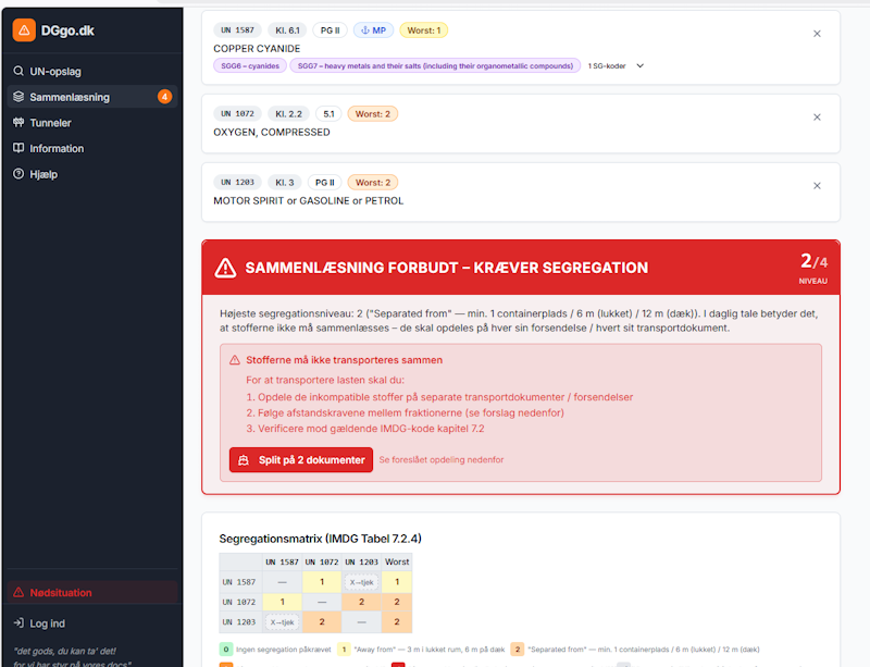 En hjemmesideskærm fra DGGo, der viser en liste over kemikalier med faresedler og en rød advarselsboks, som det ses i den gratis ADR-app.