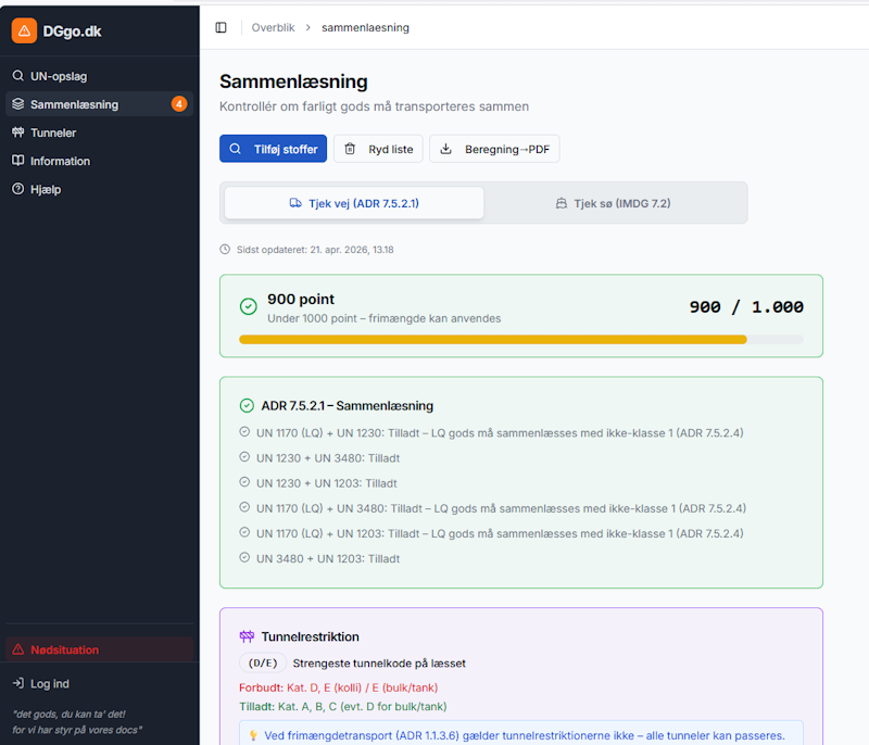 søg i ADR tabellen og se frimængde, point og LQ