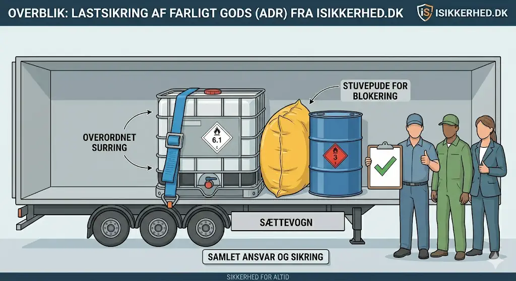 En sættevogn med farligt gods sikret indeni; tre personer står ved siden af mærkede tønder og en tjekliste.