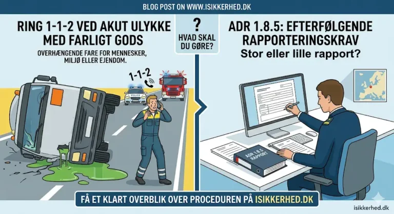 En væltet lastbil med farlige guder, brandmænd, en mand, der ringer 1-1-2; sidepanelet viser to personer, der skriver en rapport ved et skrivebord.