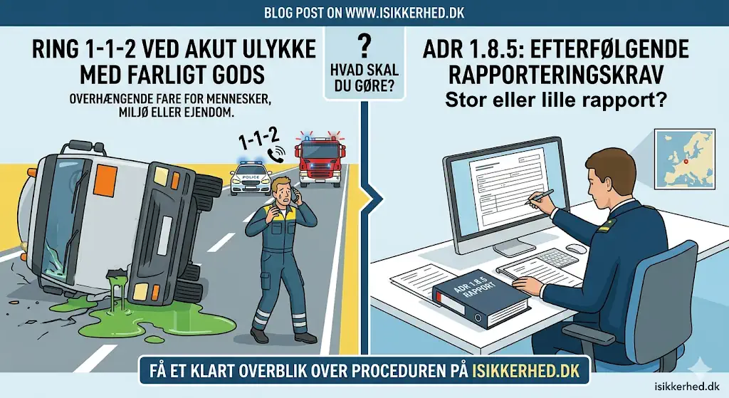 En væltet lastbil med farlige guder, brandmænd, en mand, der ringer 1-1-2; sidepanelet viser to personer, der skriver en rapport ved et skrivebord.