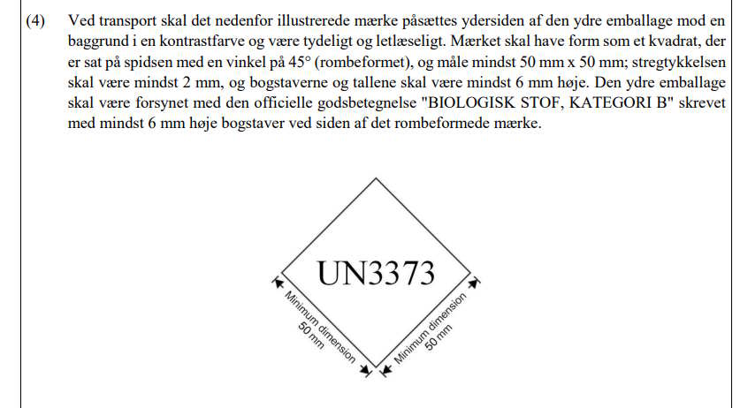 UN 3373-mærke (250 stk.): Diamantformet mærkat med dobbeltramme, mål i henhold til den danske beskrivelse.