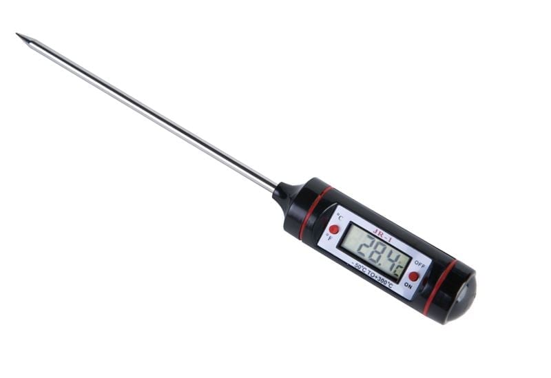 Universalt termometer, -50 til +300 °C, med metalføler, sort håndtag, LCD-display viser 28,4 °C for præcise temperaturmålinger.