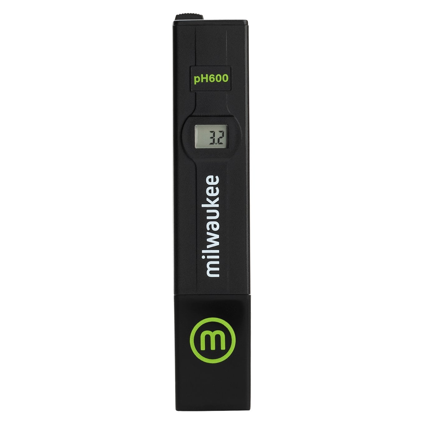 En sort pH-pen 0–14 (Milwaukee pH600) med et lille display, der viser 3,2, og et grønt M-logo; måler pH-værdien fra 0 til 14 præcist.