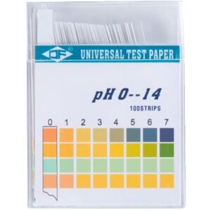 PH-strimler (indikatorpapir), 100 stk. i en gennemsigtig æske til pH 0–14, med farvekort på forsiden til hurtig sammenligning af resultaterne.
