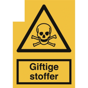 Warning sign for poisonous substances with skull and crossbones on a yellow background (Giftige stoffer).