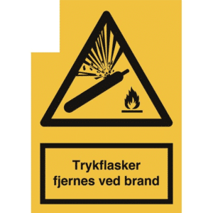 Warning sign: triangle with a bursting can and flame on a yellow background; Danish text 'Trykflasker fjernes ved brand'—remove pressurized containers in case of fire.