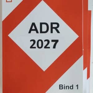 Bestil dansk ADR konvention 2027, bind 1–3, i rødt og hvidt, der henviser til ADR-reglerne, står stablet med omslagene let forskudt.