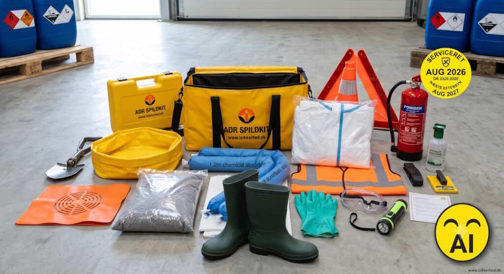 Industrial safety kit laid out on a workshop floor: yellow spill kit bag, gloves, boots, goggles, hard hat, reflective vest, orange cones, fire extinguisher, and related tools/containers.