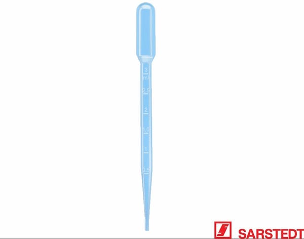 Blå engangspipetter af plast, 3,5 ml, med SARSTEDT-logo nederst til højre.