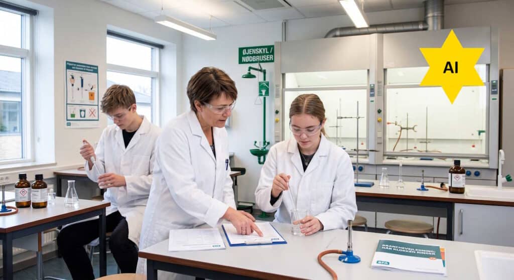 Tre personer i kittel arbejder med glasudstyr i et naturvidenskabeligt laboratorium. To af dem sidder ned, mens den tredje står og peger på nogle papirer på bordet.