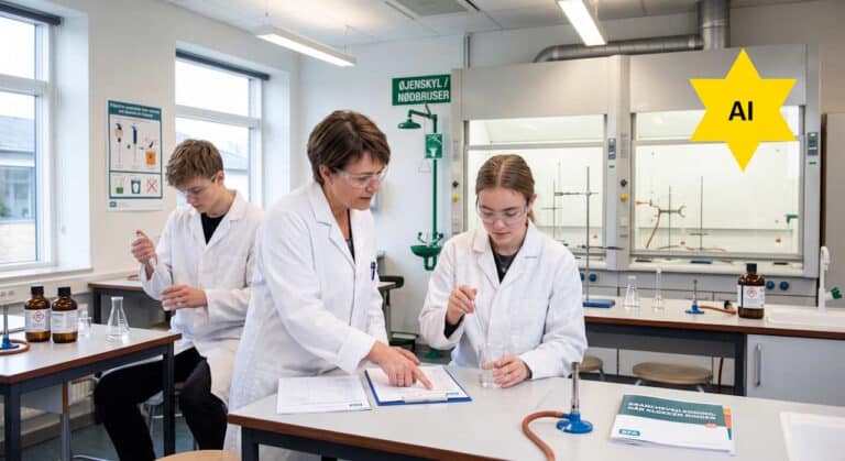 Tre personer i kittel arbejder med glasudstyr i et naturvidenskabeligt laboratorium. To af dem sidder ned, mens den tredje står og peger på nogle papirer på bordet.