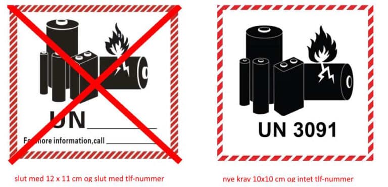 To advarselsmærkater til batterier: den ene med batterimærket og tekst, den anden mærket UN 3091; begge har røde stribede kanter og et telefonnummer.