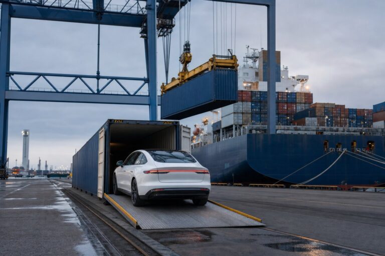 Hvid elbil køres op ad en rampe ind i en container på en containerhavn, mens en kran løfter en container om bord på et containerskib